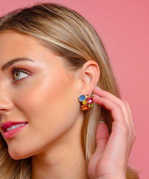 TOVA EARRINGS COURTNEY: multi color Swarovski crystals in .75" gold plated setting, surgical steel post backs