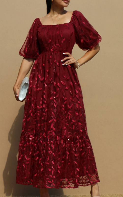 SEQUINS MESH LONG BURGUNDY DRESS, FULLY LINED