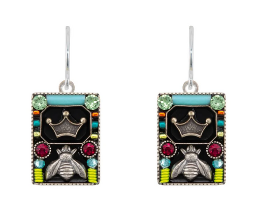 FIREFLY EARRINGS QUEEN BEE RECTANGLE: multi color stones in 1/2" silver setting, wire backs