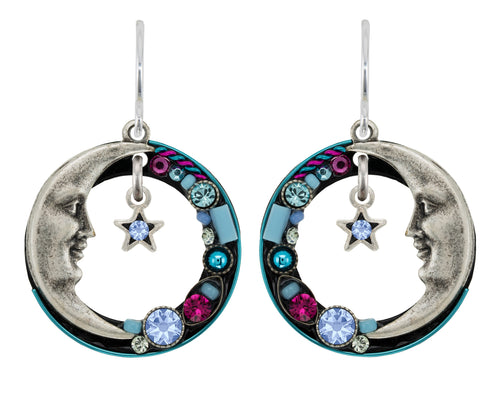 FIREFLY EARRINGS LUNA HOOP LB: multi color stones in 3/4" silver setting, wire backs