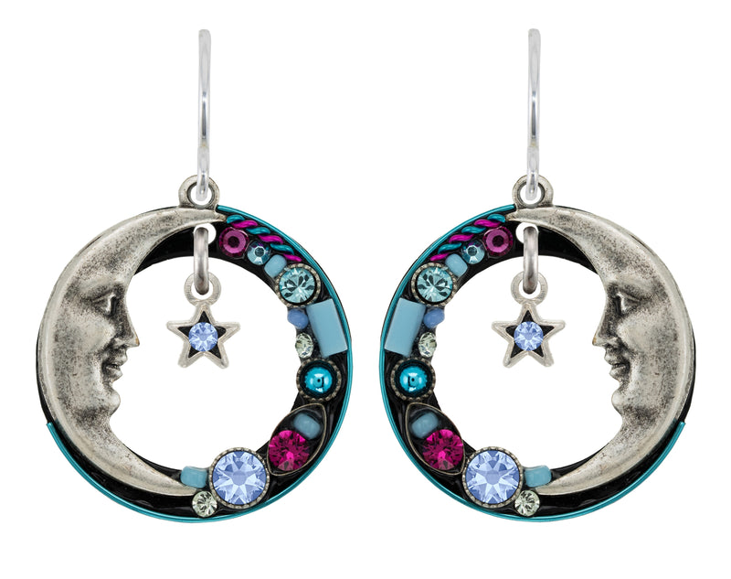 FIREFLY EARRINGS LUNA HOOP LB: multi color stones in 3/4" silver setting, wire backs