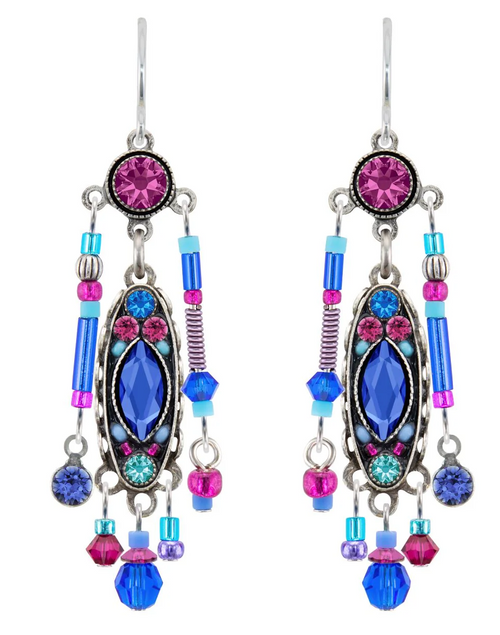 FIREFLY EARRINGS MILANO ELABORATE SAP: multi color stones in 1.5" silver setting, wire backs