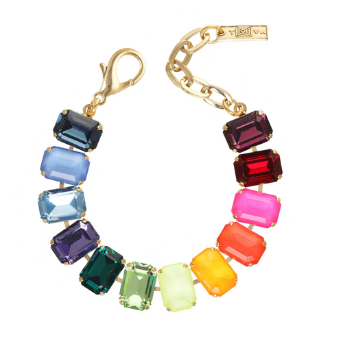 TOVA BRACELET ERINA ELECTRIC RAINBOW: multi color Swarovski crystals in gold plated setting, 5.5" with 1.5" extension