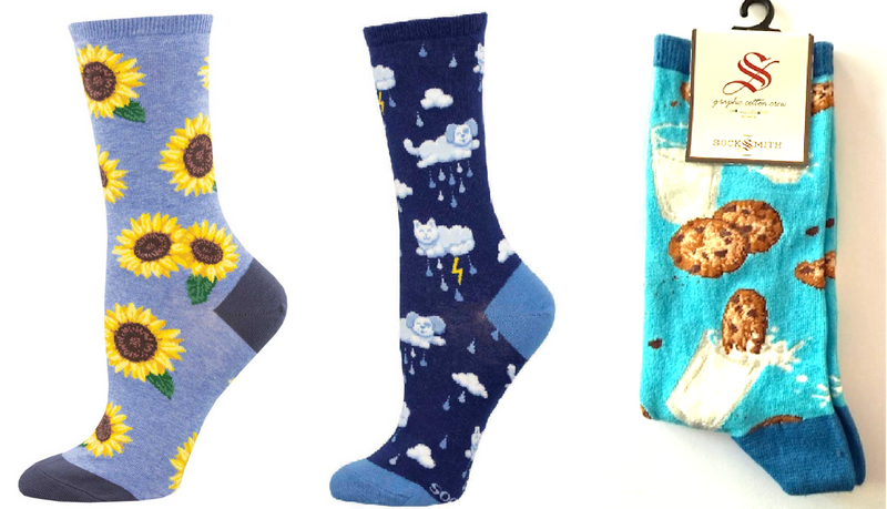 LADIES SOCKS SET OF 3 PAIR / MORE BLOOMING SOCKS & RAINING CATS AND DOGS & MMM COOKIES