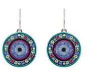 FIREFLY EARRINGS LA DOLCE VITA ROUND LB: multi color stones in 1/2" silver setting, wire backs