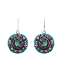 FIREFLY EARRINGS LA DOLCE VITA ROUND EM: multi color stones in 5/8" silver setting, wire backs