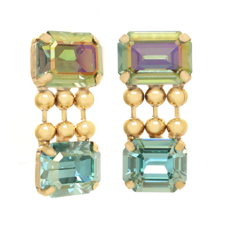 TOVA EARRINGS SADIE: multi color Swarovski crystals in 1" gold plated setting, surgical steel post backs