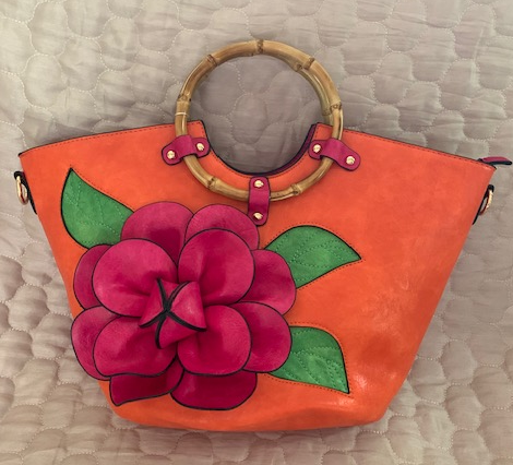 NEW YORK LARGE ORANGE FLOWER TOTE BAMBOO HANDLE 60209