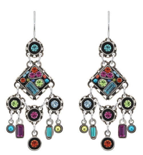 FIREFLY EARRINGS GEOMETRIC ELABORATE MC: multi color stones in 1.5" silver setting, wire backs
