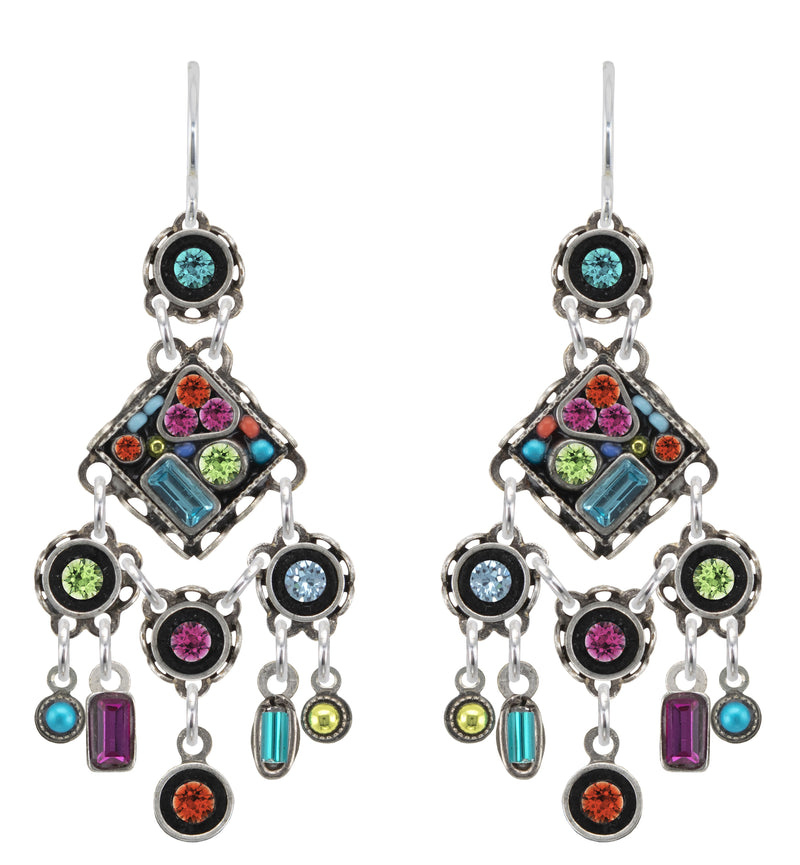 FIREFLY EARRINGS GEOMETRIC ELABORATE MC: multi color stones in 1.5" silver setting, wire backs