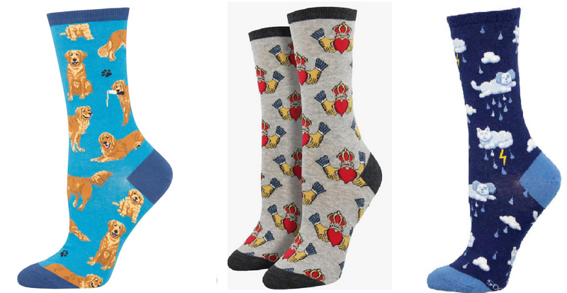 LADIES SOCKS SET OF 3 PAIR / GOLDEN RETRIEVERS & CLADDAGH & RAINING CATS & DOGS