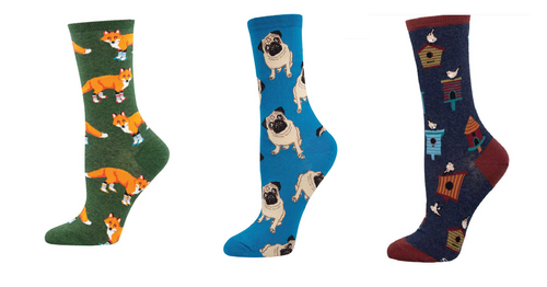 LADIES SOCKS SET OF 3 PAIR / SOCKSY FOXES & PUGS & BIRDHOUSES