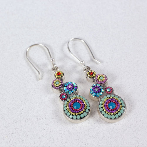 MOSAICO EARRINGS PE-8358-L multi color Austrian crystals in 1" solid silver setting, french wire backs