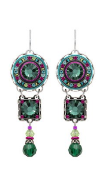 FIREFLY EARRINGS LA DOLCE VITA TIERED EM: multi color stones in 1.75" silver setting, wire backs