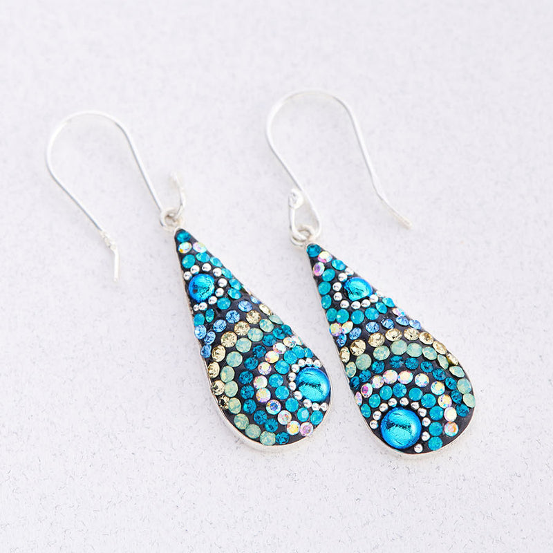 MOSAICO EARRINGS PE-8270-I: multi color Austrians crystals in 1" solid silver setting, french wire backs