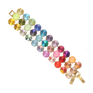 TOVA BRACELET RAINBOW OMBRE: multi color Swarovski 12mm crystals in 3 rows, gold plated setting, 7"