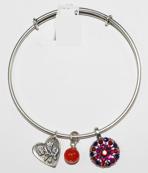 MARIANA BRACELET BANGLE RED: red, purple stones with 3/4" charms in silver setting