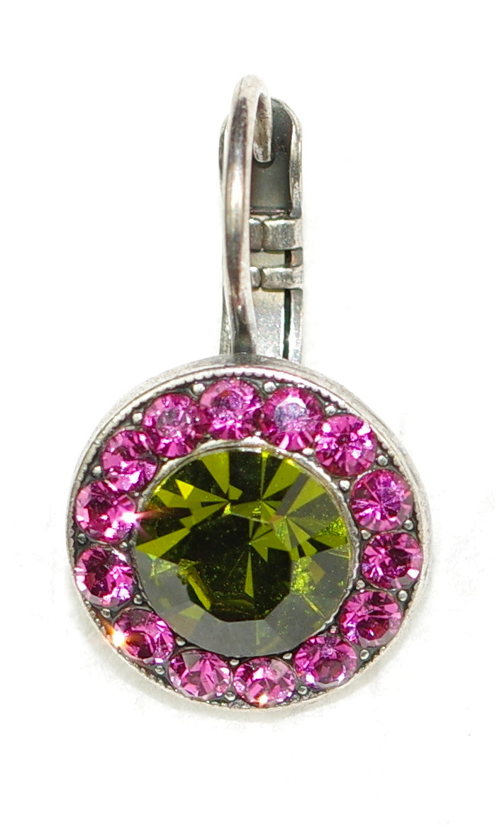 MARIANA EARRINGS GREEN SOPHIA: pink, green stones in 1/2" silver rhodium setting, lever back