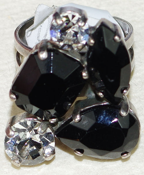 MARIANA RING CHECKMATE: clear, black stones in 1" silver setting, adjustable size band