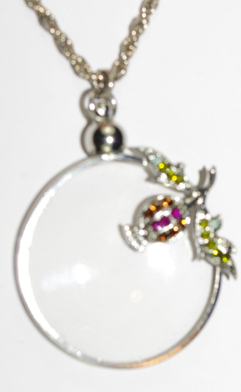 MARIANA PENDANT FLOWER MAGNIFYING GLASS:  green, pink, topaz stones in 1.25" pendant, silver setting, 32" adjustable double chain