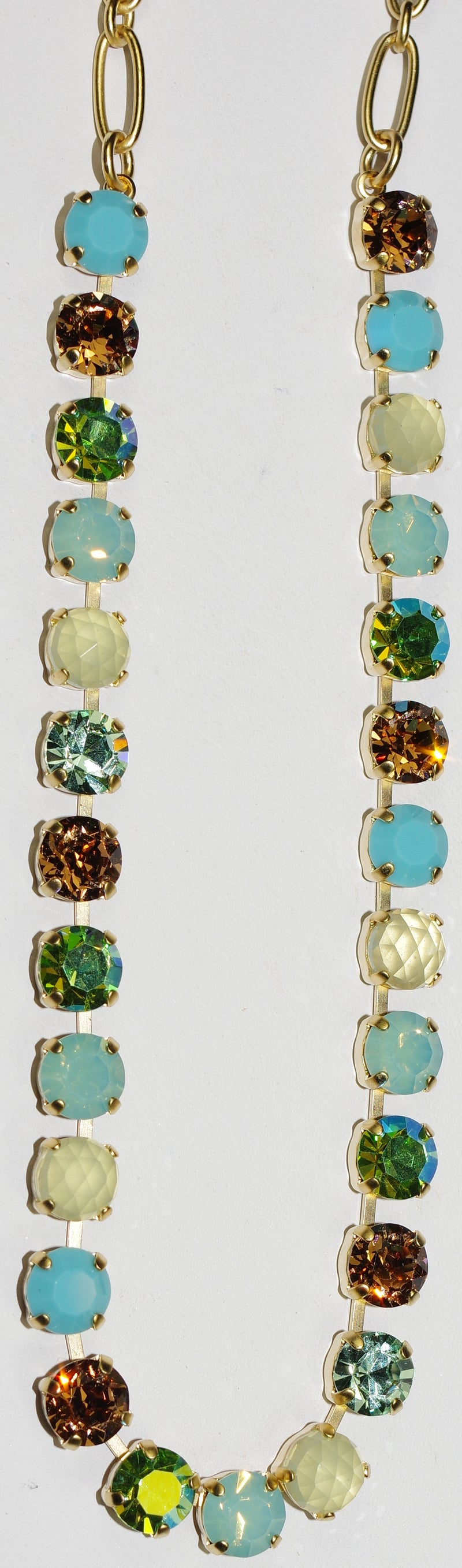 MARIANA NECKLACE BETTE RISING SUN: turq, amber, green, blue 1/4" stones in yellow gold setting, 17" adjustable chain