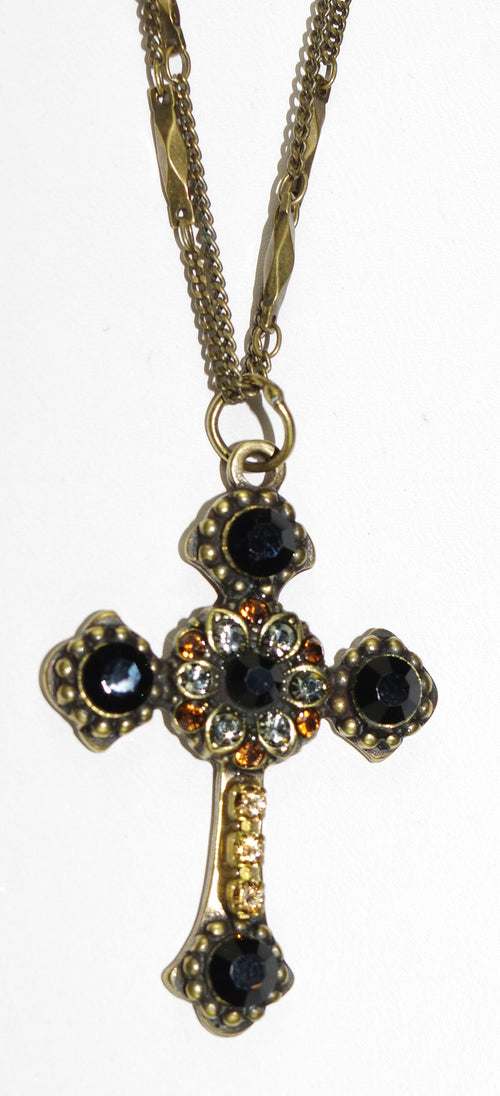 MARIANA CROSS PENDANT ELEGANCE: amber, black, grey stones in antique gold setting, 18" double chain