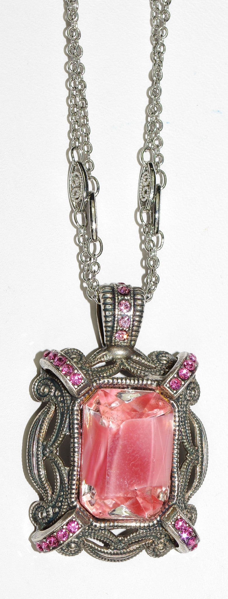 MARIANA PENDANT SMASHING PINK: pink stones in 1.5" charm, silver setting, 20" adjustable chain