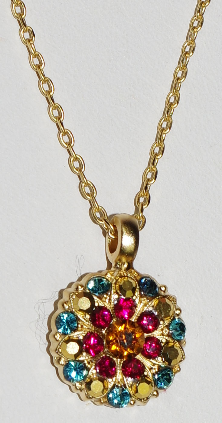 MARIANA ANGEL PENDANT DAPHNE: blue, red, topaz, gold stones in yellow gold setting, 18" adjustable chain