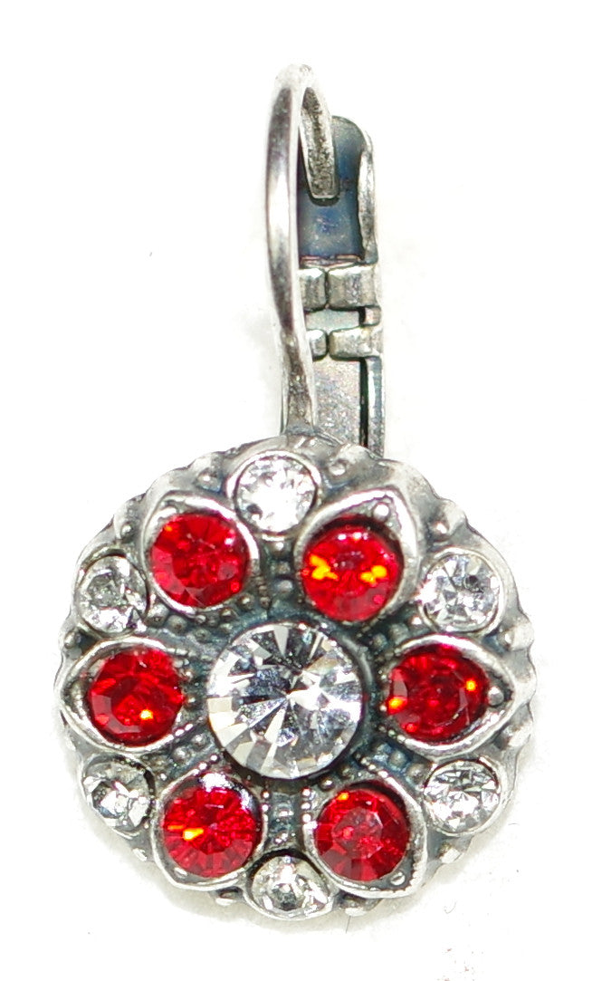 MARIANA EARRINGS RED: red, clear stones in 1/2" silver rhodium setting, lever back