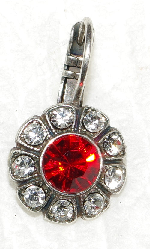 MARIANA EARRINGS RED SHIMMER: red, clear stones in 1/2" silver rhodium setting, lever back