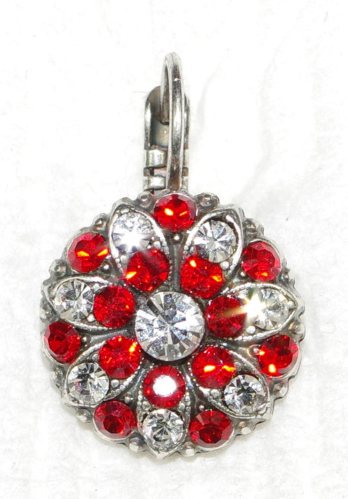 MARIANA EARRINGS RED GUARDIAN: red, clear stones in 1/2" silver rhodium setting, lever back
