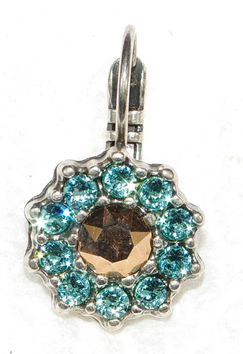 MARIANA EARRINGS BLUE SUEDE SHOES: gold, teal stones in 1/2" silver setting, lever back