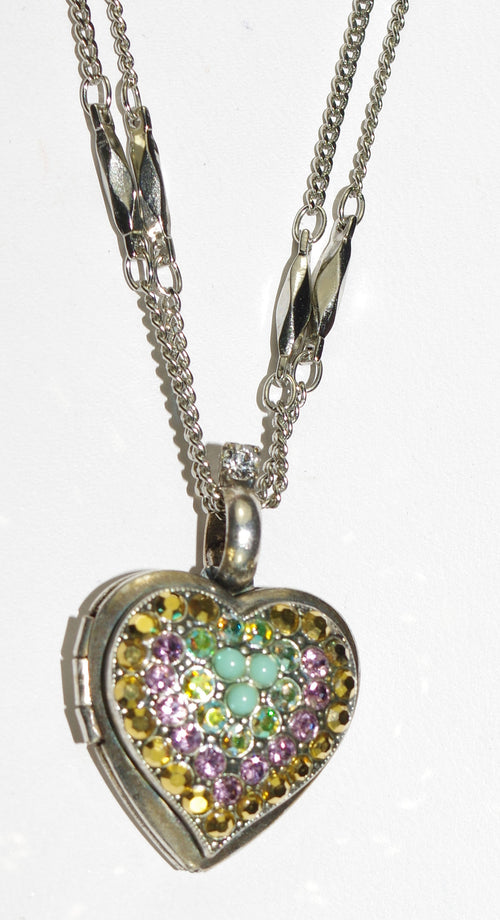 MARIANA PENDANT LOCKET GOLDFINGER: blue, gold, pink stones in 3/4" locket in silver setting, 19" adjustable chain