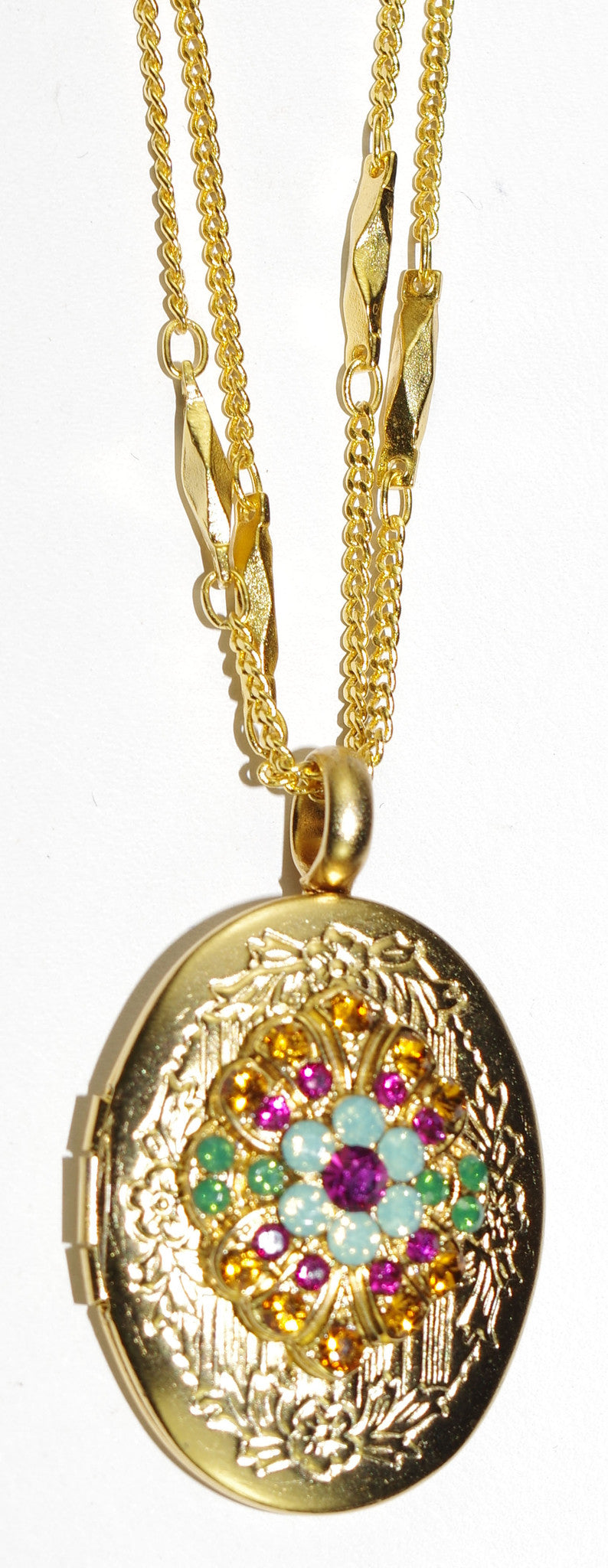 MARIANA PENDANT LOCKET HAPPY DAYS:  blue, amber, pink stones in 1" locket in yellow gold setting, 19" adjustable chain