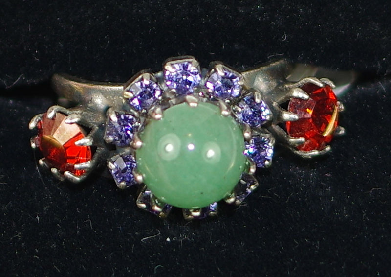 MARIANA RING IMAGINE: orange, pacific opal, purple stones, center stone = 1/2" in silver setting, adjustable size band