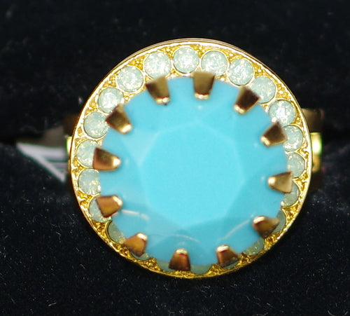 MARIANA RING CINDY: blue, pacific opal stones in 3/4" yellow gold setting, adjustable size band