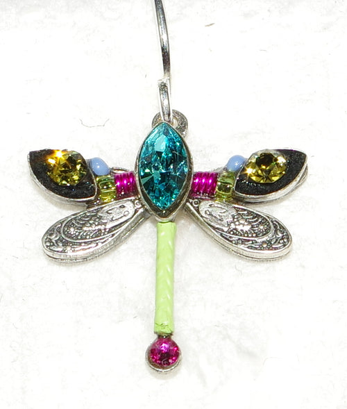 FIREFLY EARRINGS PETITE DRAGONFLY MULTI: green, blue, pink stones in 1/2" setting, french wire backs