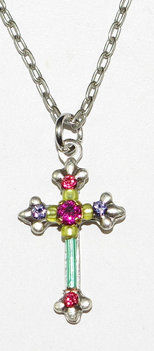 FIREFLY NECKLACE DAINTY COLOR CROSS MULTI: blue, fuchsia, purple stones in 1/2" cross, silver 20" adjustable chain