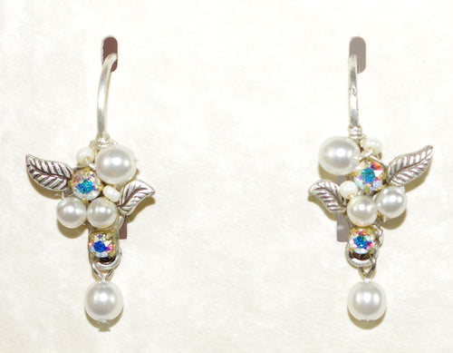 FIREFLY EARRINGS FLORA GLASS PEARLS: pearl, crystal stones in 3/4" silver setting, lever backs