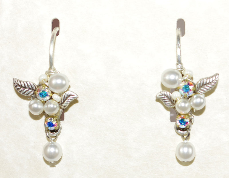 FIREFLY EARRINGS FLORA GLASS PEARLS: pearl, crystal stones in 3/4" silver setting, lever backs