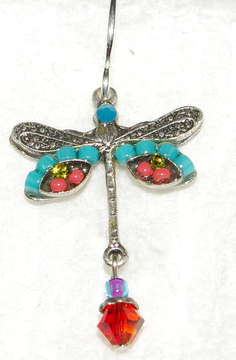 FIREFLY EARRINGS DRAGONFLY MULTI: orange, blue stones in 3/4" setting, french wire backs