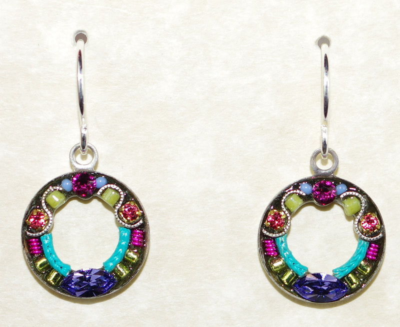 FIREFLY EARRINGS ROUND COLORFUL MC: fucshia, purple, blue, green stones in 1/2" silver setting, wire backs