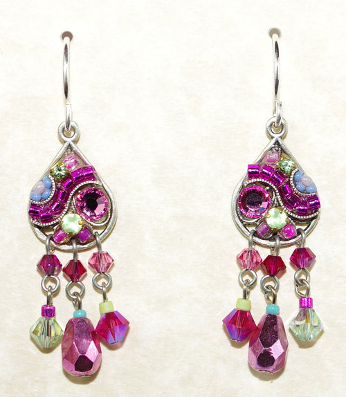 FIREFLY EARRINGS MOSAIC ROSE: pink, green stones in 1.25" silver setting, wire back