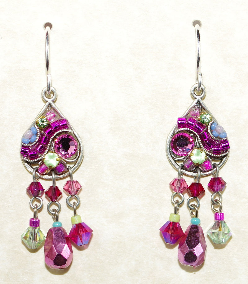 FIREFLY EARRINGS MOSAIC ROSE: pink, green stones in 1.25" silver setting, wire back