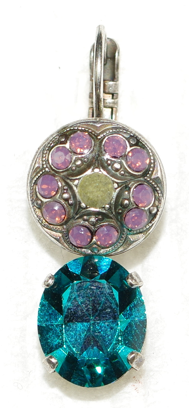 MARIANA EARRINGS PATIENCE: lavender, teal, grey stones in 1" silver setting, lever back