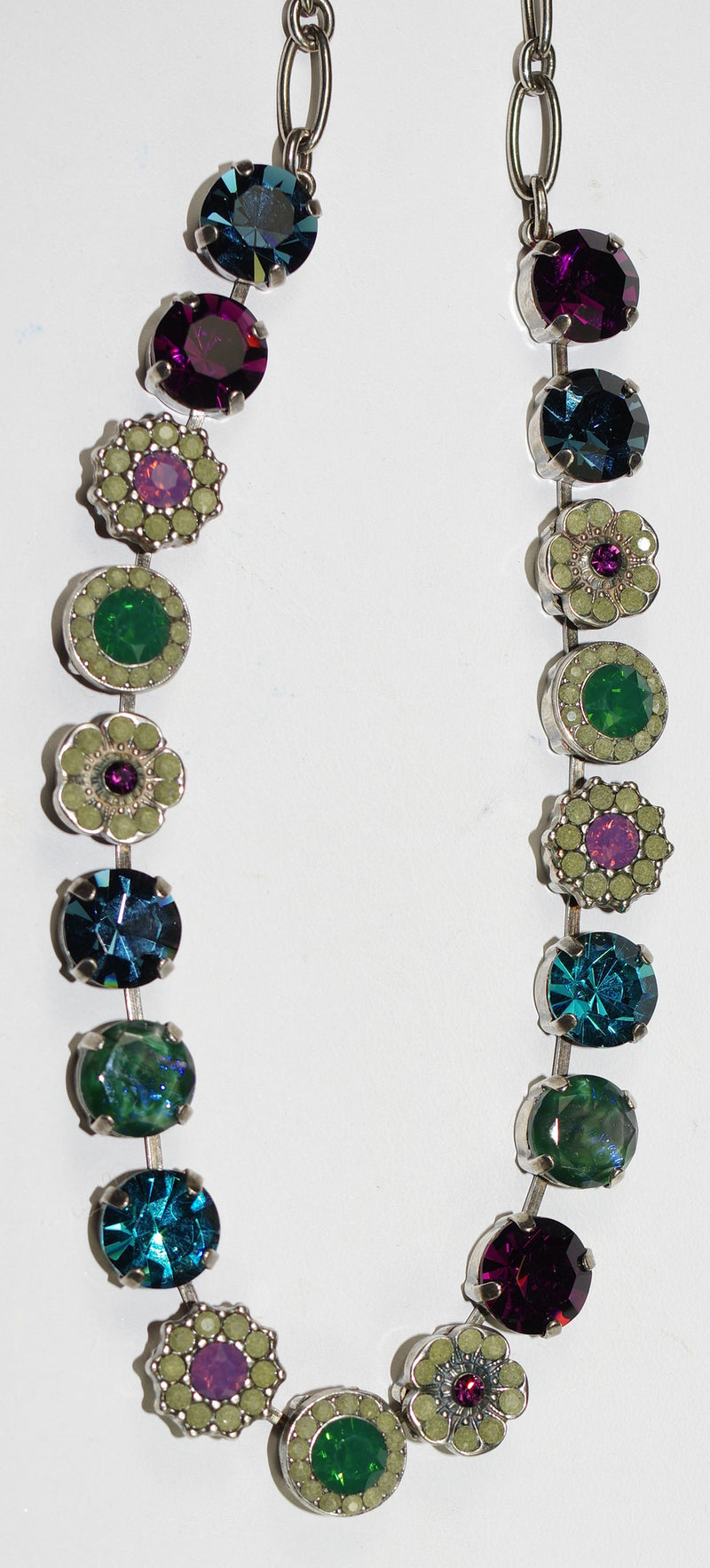 MARIANA NECKLACE PATIENCE SOPHIA: purple, blue, green stones in silver setting, 17" adjustable chain