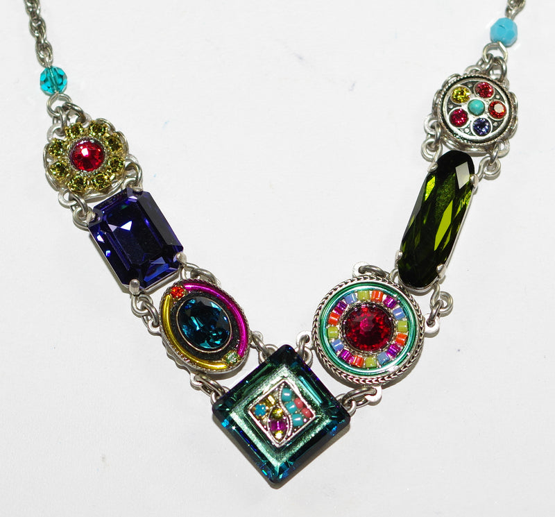 FIREFLY NECKLACE LA DOLCE VITA MULTI: blue, fucshia, green, red stones in silver setting, 18" adjustable chain