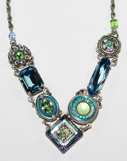 FIREFLY NECKLACE LA DOLCE VITA LIGHT BLUE: blue, green stones in silver setting, 18" adjustable chain