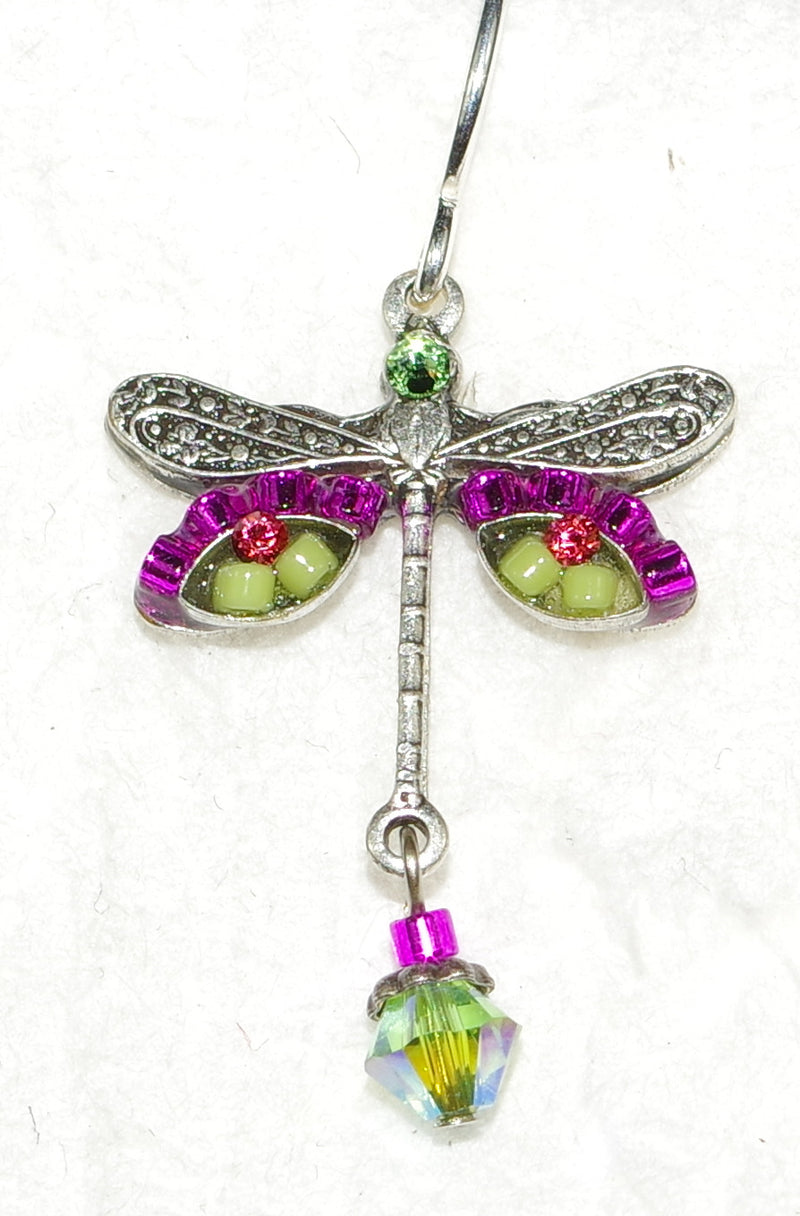 FIREFLY EARRINGS DRAGONFLY HOT PINK: fucshia, green stones in 3/4" setting, french wire backs