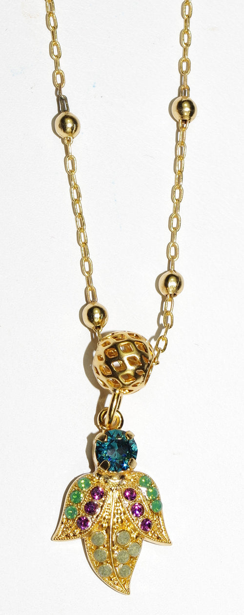 MARIANA PENDANT PATIENCE: teal, green, purple stones in 3/4" pendant, yellow gold setting, 20" adjustable chain